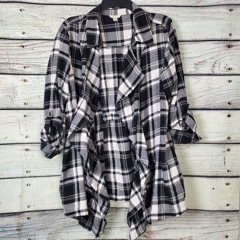 EST. 1946 Women’s Plaid Waterfall Open Front Cardigan Black White Plus Size 18/2